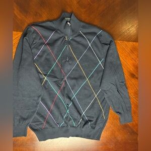 Alan Flusser Black Argyle Zip-Up Sweater size L